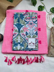 Charm pink cotton handloom saree with flower printed blouse - Cotton Dori