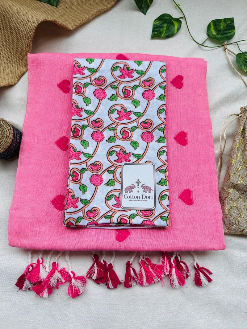 Baby pink cotton embroidered handloom saree with white flower printed blouse - Cotton Dori