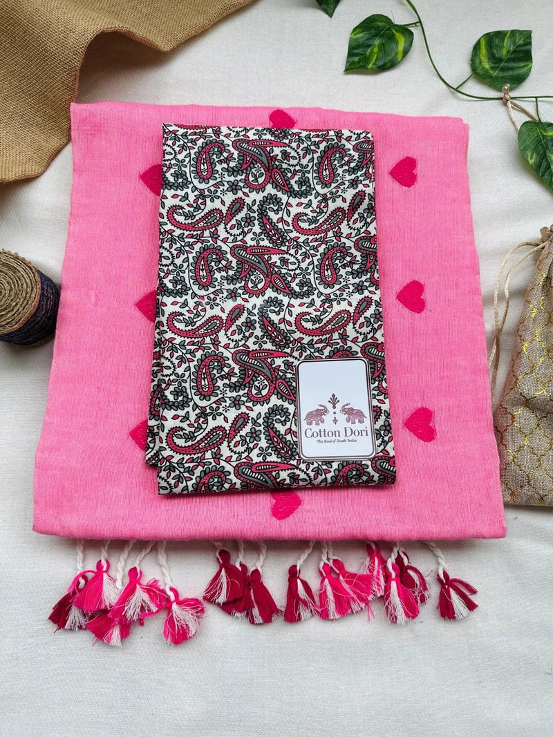 Rose pink cotton handloom saree with kalamkari printed blouse - Cotton Dori