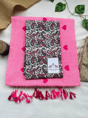 Rose pink cotton handloom saree with kalamkari printed blouse - Cotton Dori