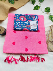 Soft pink cotton handloom saree with flower printed blouse - Cotton Dori