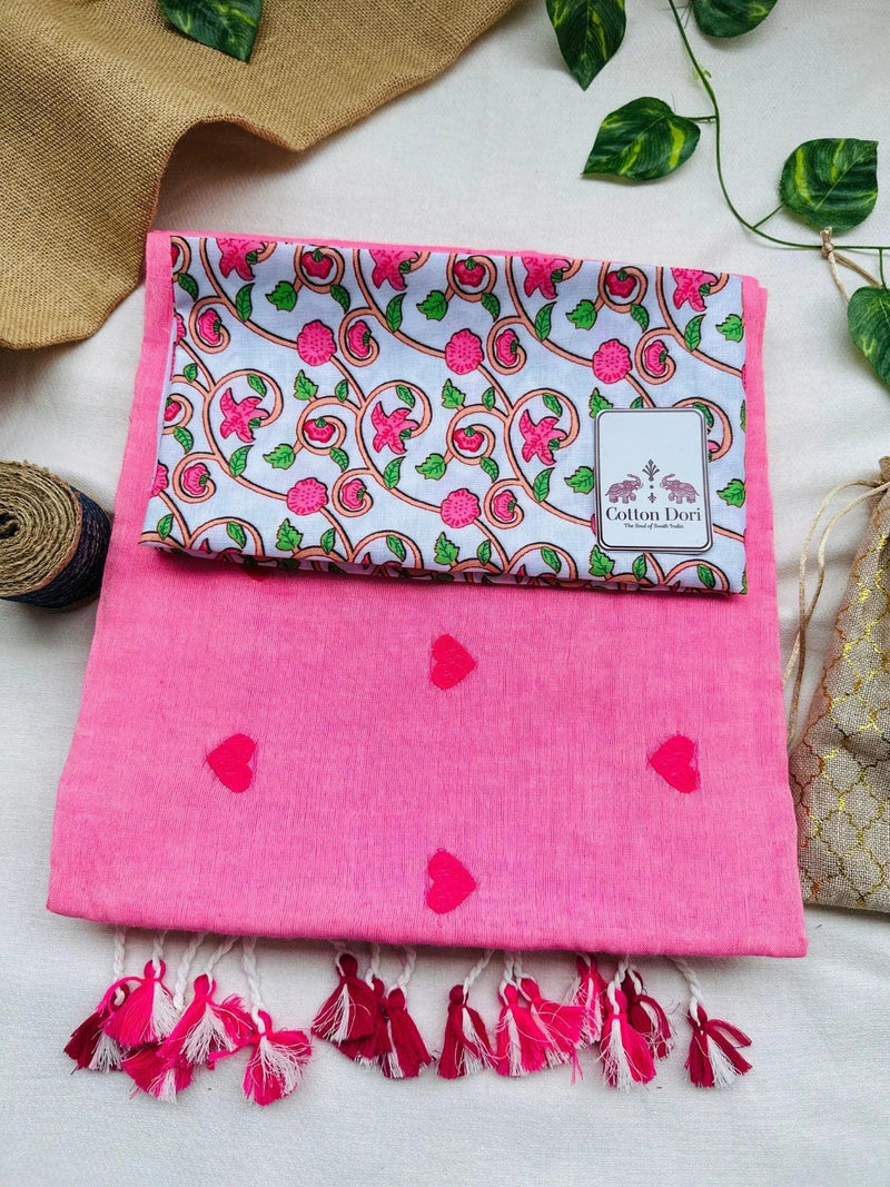 Baby pink cotton embroidered handloom saree with white flower printed blouse - Cotton Dori