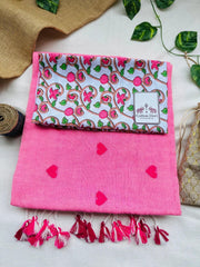 Baby pink cotton embroidered handloom saree with white flower printed blouse - Cotton Dori