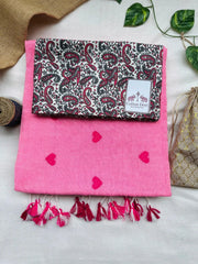 Rose pink cotton handloom saree with kalamkari printed blouse - Cotton Dori