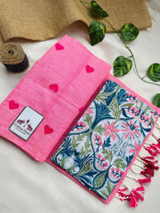 Charm pink cotton handloom saree with flower printed blouse - Cotton Dori