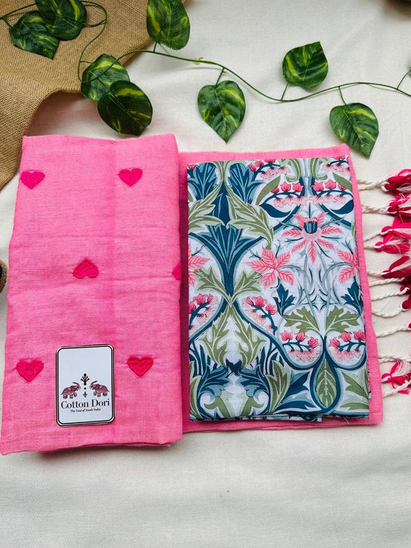 Charm pink cotton handloom saree with flower printed blouse - Cotton Dori