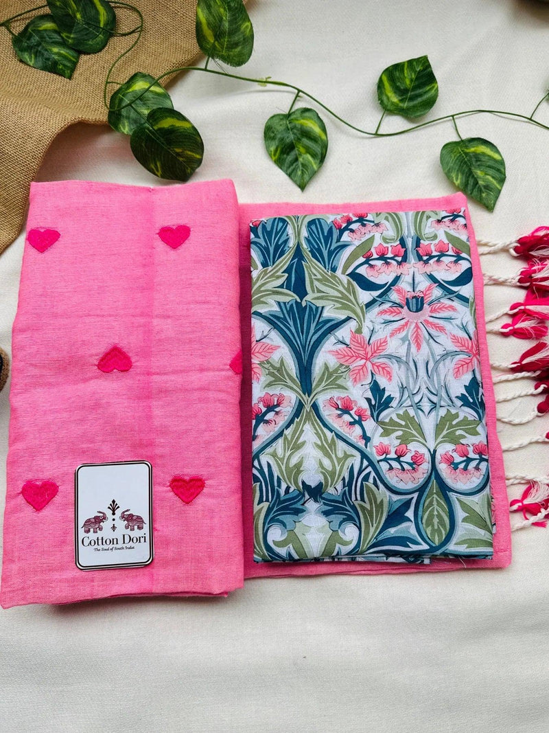 Charm pink cotton handloom saree with flower printed blouse - Cotton Dori