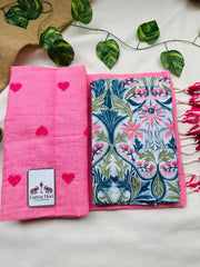 Charm pink cotton handloom saree with flower printed blouse - Cotton Dori