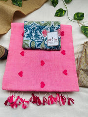 Charm pink cotton handloom saree with flower printed blouse - Cotton Dori