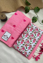Baby pink cotton embroidered handloom saree with white flower printed blouse