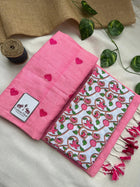Baby pink cotton embroidered handloom saree with white flower printed blouse