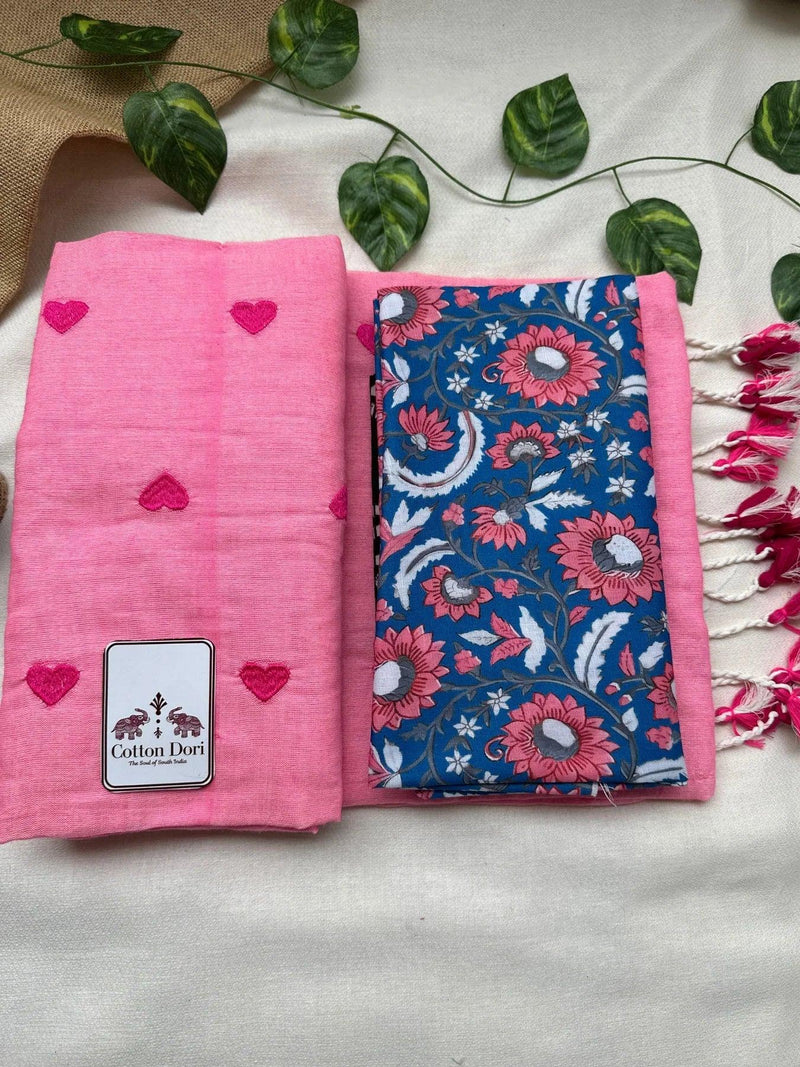 Soft pink cotton handloom saree with flower printed blouse