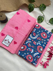 Soft pink cotton handloom saree with flower printed blouse - Cotton Dori