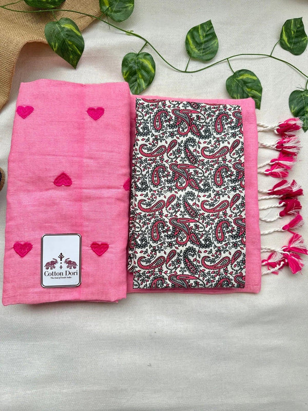Rose pink cotton handloom saree with kalamkari printed blouse - Cotton Dori