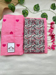 Rose pink cotton handloom saree with kalamkari printed blouse - Cotton Dori