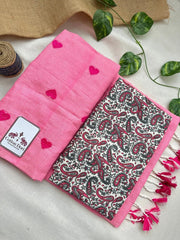 Rose pink cotton handloom saree with kalamkari printed blouse - Cotton Dori