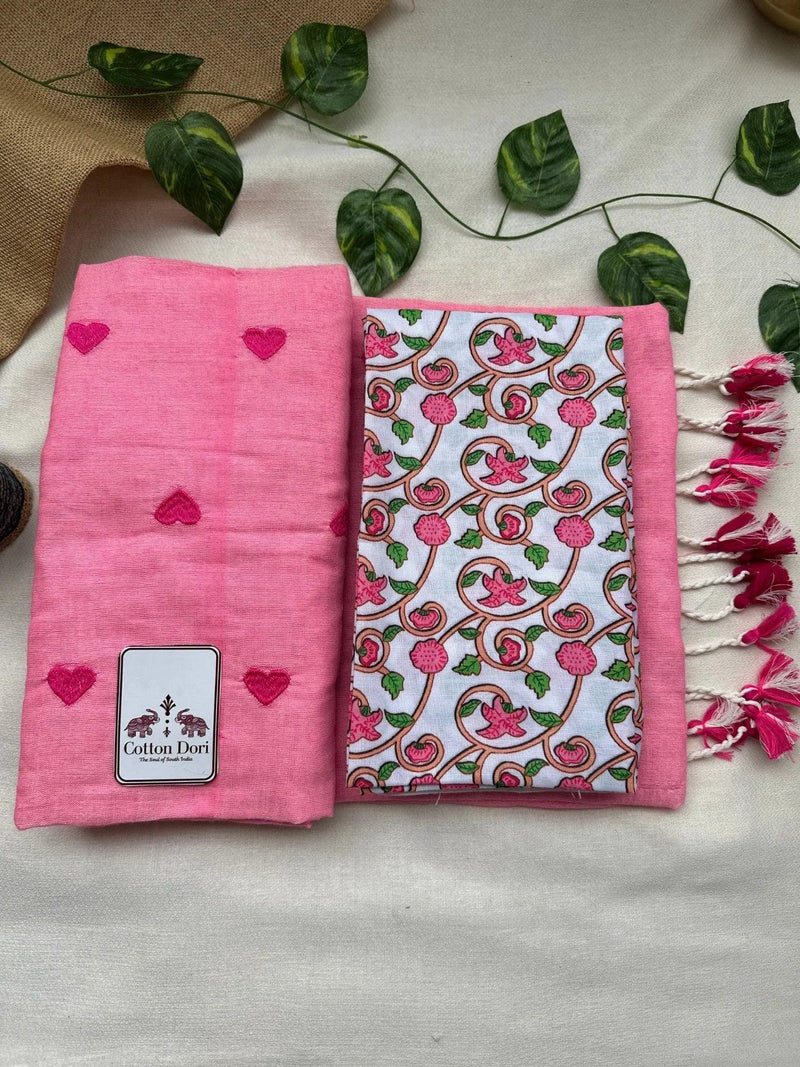 Baby pink cotton embroidered handloom saree with white flower printed blouse - Cotton Dori