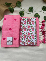 Baby pink cotton embroidered handloom saree with white flower printed blouse - Cotton Dori