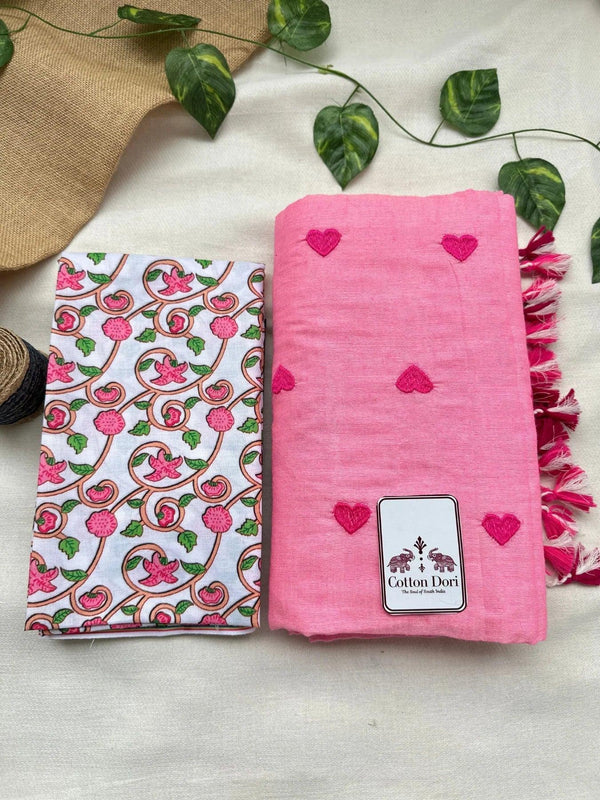 Baby pink cotton embroidered handloom saree with white flower printed blouse - Cotton Dori
