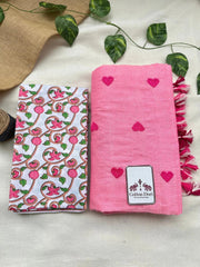 Baby pink cotton embroidered handloom saree with white flower printed blouse - Cotton Dori