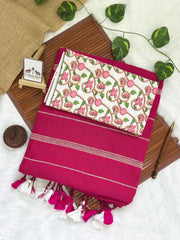 Beautiful magenta pink cotton ghicha stripes saree with flower printed blouse - Cotton Dori