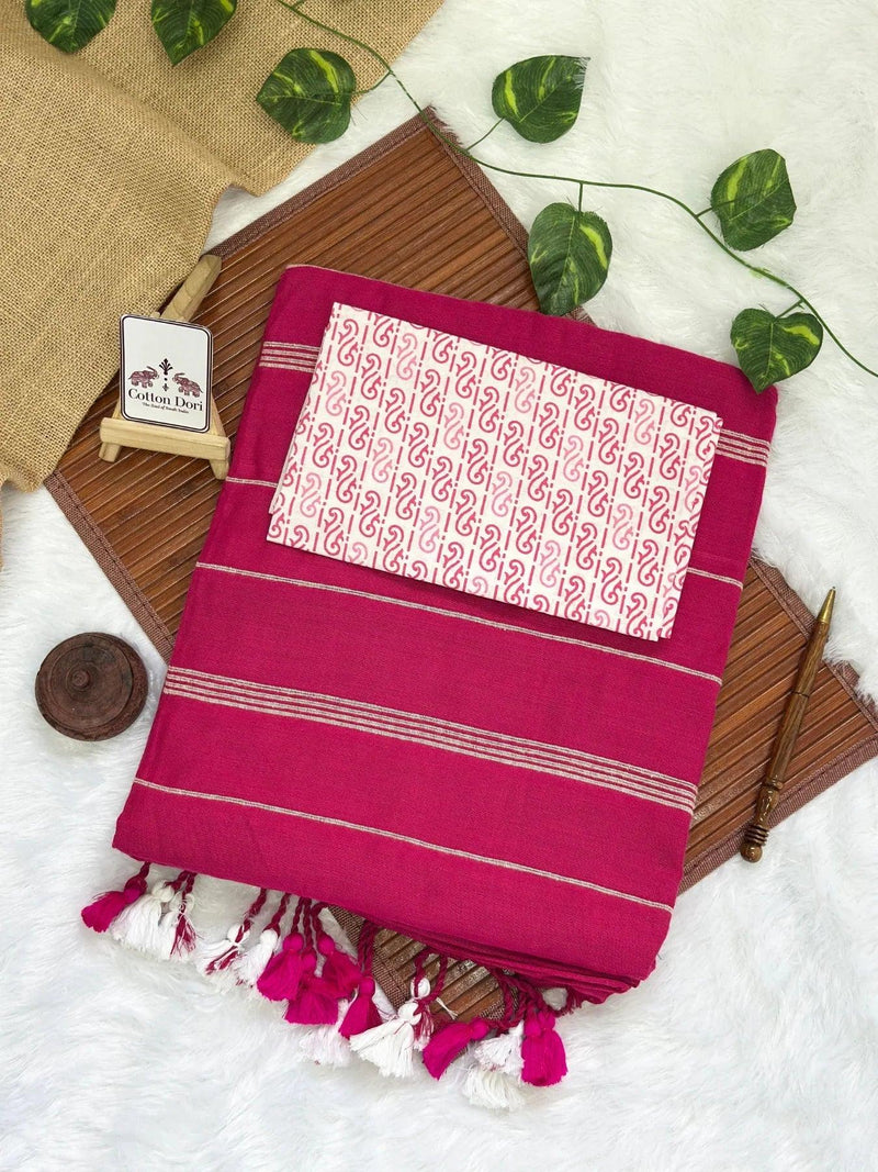 Rani pink cotton ghicha stripes saree with block printed blouse - Cotton Dori