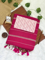 Rani pink cotton ghicha stripes saree with block printed blouse - Cotton Dori
