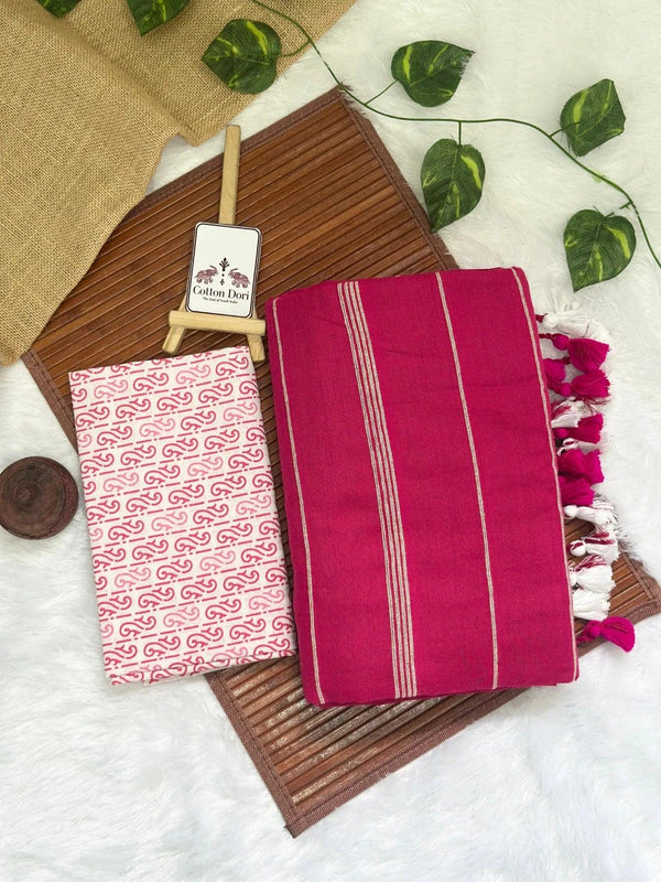 Rani pink cotton ghicha stripes saree with block printed blouse - Cotton Dori