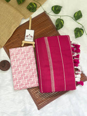 Rani pink cotton ghicha stripes saree with block printed blouse - Cotton Dori