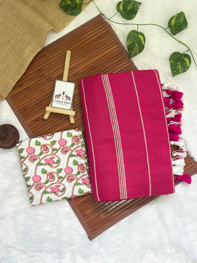 Beautiful magenta pink cotton ghicha stripes saree with flower printed blouse - Cotton Dori