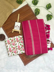 Beautiful magenta pink cotton ghicha stripes saree with flower printed blouse - Cotton Dori