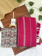 Deep pink cotton handloom saree with flower printed blouse - Cotton Dori