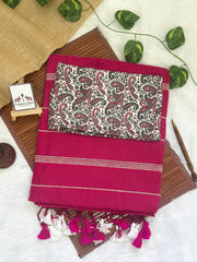 Deep pink cotton handloom saree with flower printed blouse - Cotton Dori