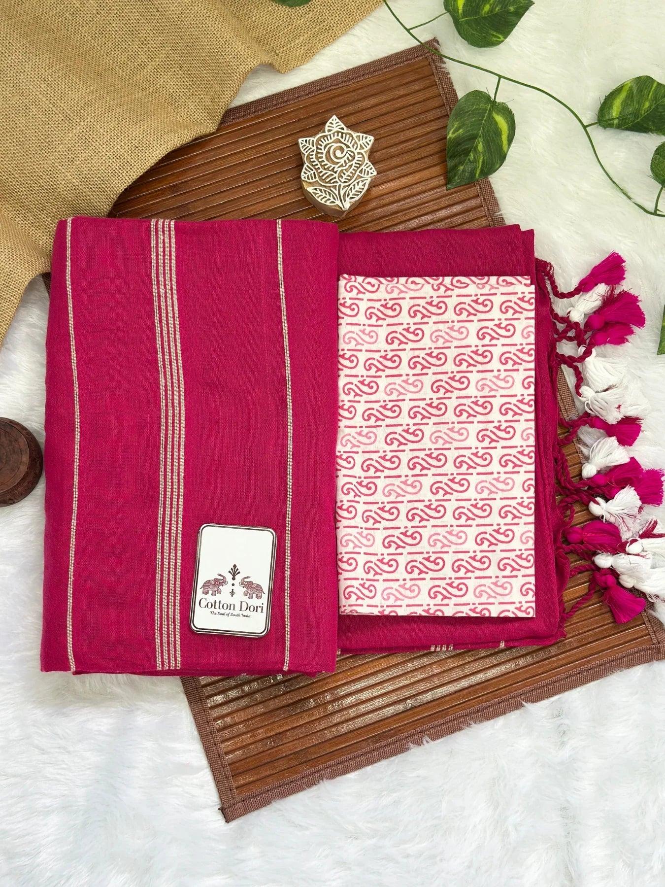 Rani pink cotton ghicha stripes saree with block printed blouse - Cotton Dori