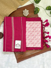 Rani pink cotton ghicha stripes saree with block printed blouse - Cotton Dori