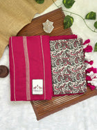 Deep pink cotton handloom saree with flower printed blouse