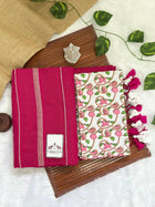 Beautiful magenta pink cotton ghicha stripes saree with flower printed blouse