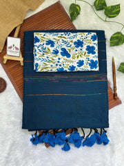 Teal blue cotton ghicha stripes saree with floral printed blouse - Cotton Dori