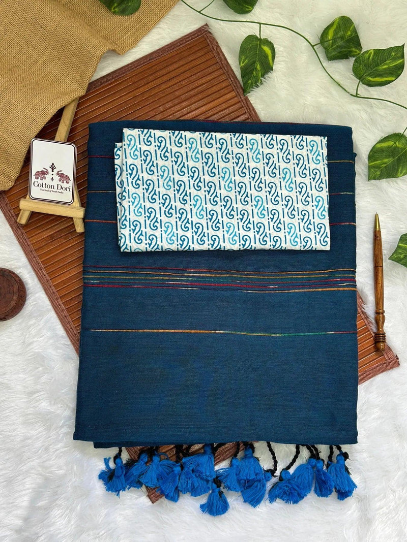 Deep teal blue cotton handloom saree with flower printed blouse - Cotton Dori