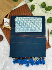 Deep teal blue cotton handloom saree with flower printed blouse - Cotton Dori