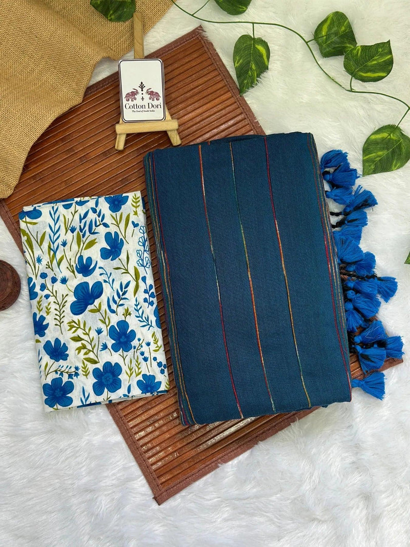 Teal blue cotton ghicha stripes saree with floral printed blouse