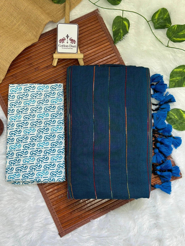 Deep teal blue cotton handloom saree with flower printed blouse - Cotton Dori