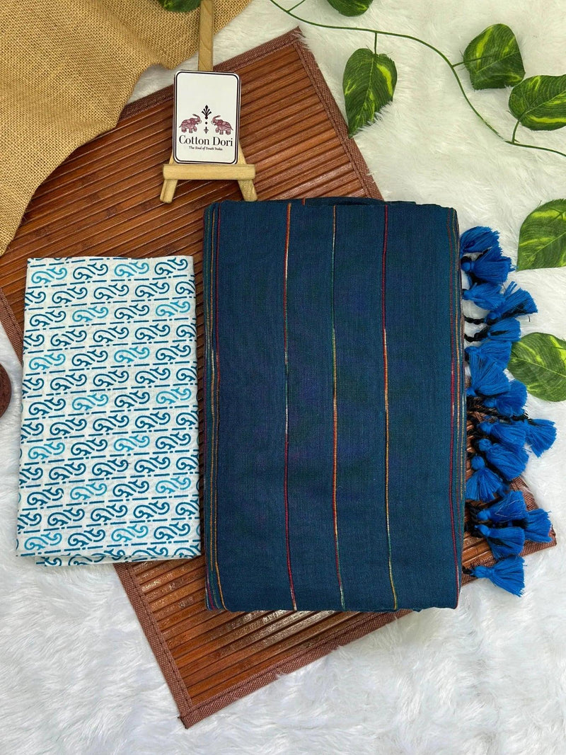 Deep teal blue cotton handloom saree with flower printed blouse - Cotton Dori