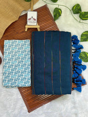 Deep teal blue cotton handloom saree with flower printed blouse - Cotton Dori
