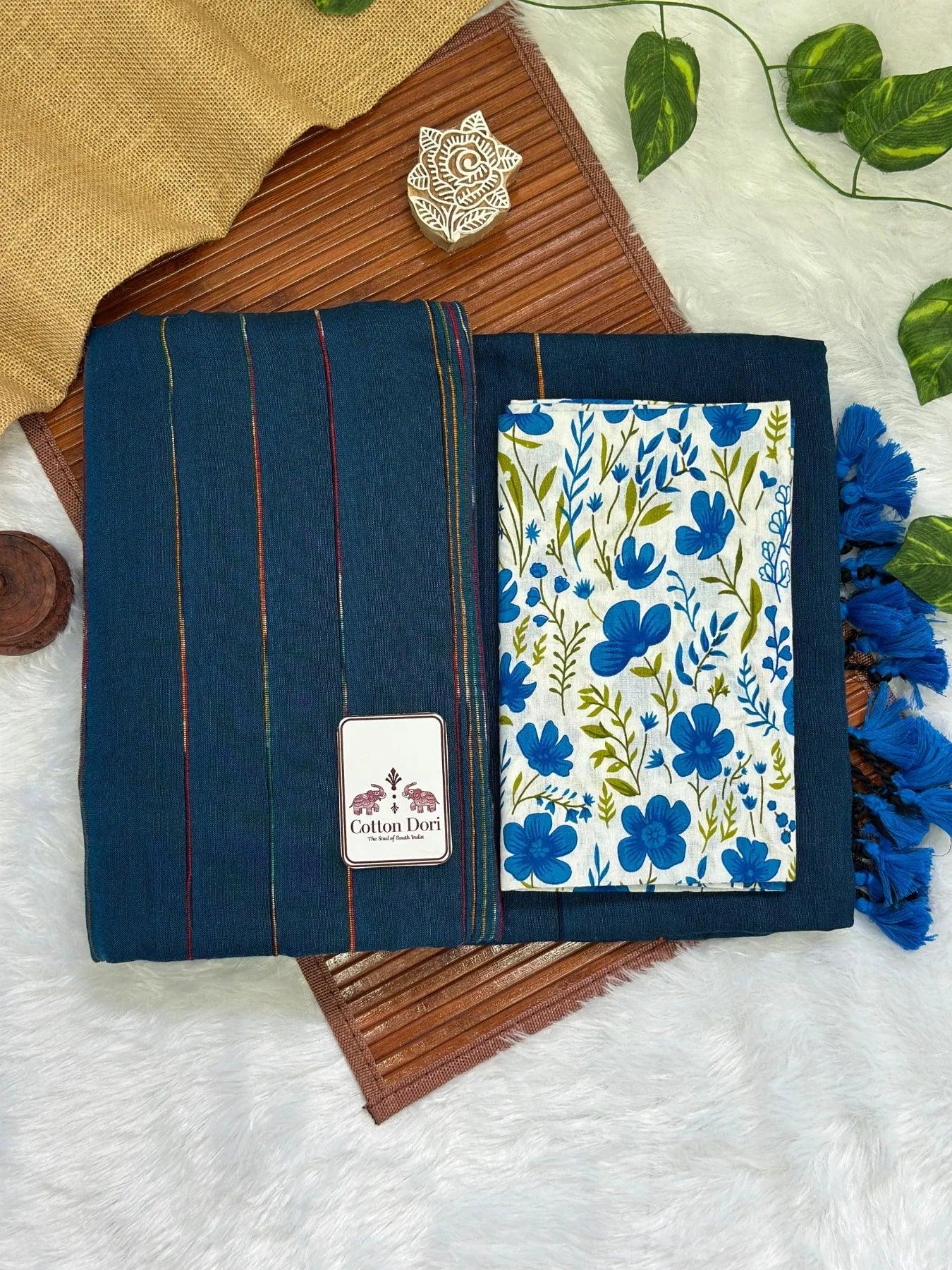 Teal blue cotton ghicha stripes saree with floral printed blouse - Cotton Dori