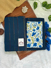 Teal blue cotton ghicha stripes saree with floral printed blouse - Cotton Dori