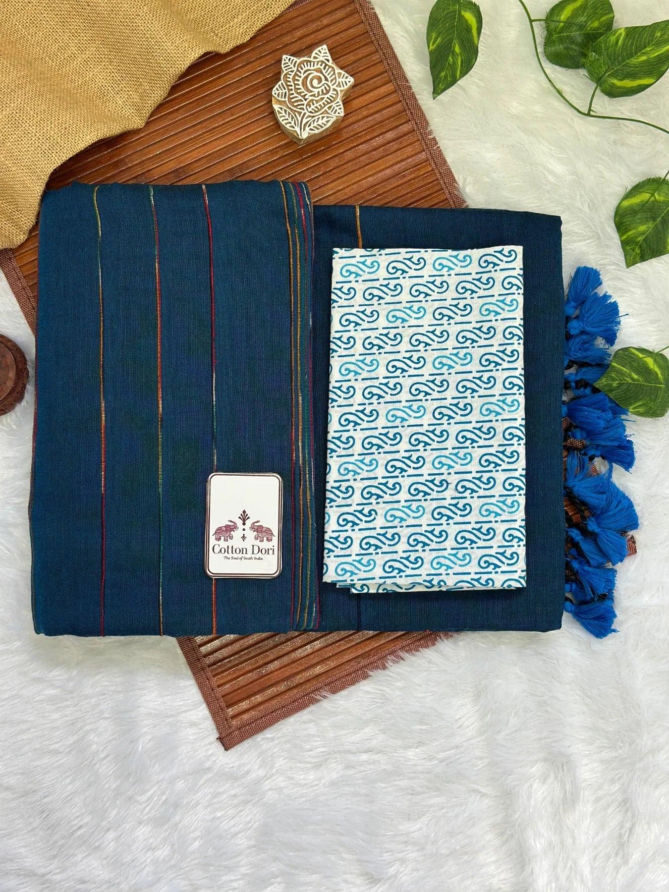 Deep teal blue cotton handloom saree with flower printed blouse - Cotton Dori