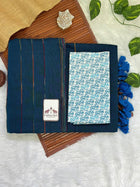 Deep teal blue cotton handloom saree with flower printed blouse