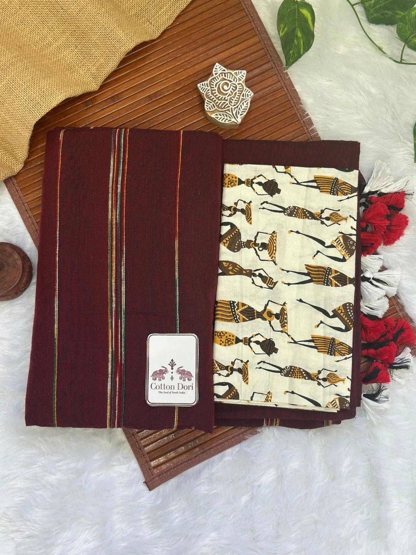 Brown cotton handloom saree with kalamkari printed blouse - Cotton Dori