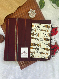 Brown cotton handloom saree with kalamkari printed blouse - Cotton Dori